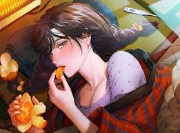 Girls brown hair flowers green eyes hat long hair mask. Anime Anime Girls Dark Hair Long Hair Green Eyes Orange Fruit Pillow Hd Wallpaper Wallpaperbetter
