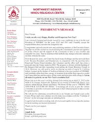 PRESIDENT'S MESSAGE NORTHWEST INDIANA HINDU RELIGIOUS CENTER