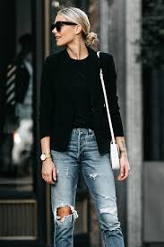 Black Blazer With Jeans Women Blonde Woman Wearing Black Blazer Black Tshirt Denim Ripped Jeans Outfit Fashion Jackson Dall Black Blazer Outfits Women Ripped Jeans Style Womens Black Blazer