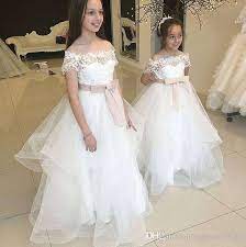 Lovely White Flower Girls Dresses For Weddings Off The Shoulder Lace Tulle Princess Birthday Party Dresses Children Dress Zipper Back Princess Dresses For Toddl Pretty Girl Dresses White Flower Girl Dresses