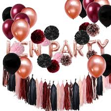 Rose gold balloons party decorations supplies set 35 pack include 30 balloons, 2 foil fringe curtains, 1 rose gold sequin table runner, 2 foil ribbon for birthday party, wedding,xmas new year festival. Burgundy Black Rose Gold Hen Party Balloons Tissue Paper Pom Poms Tassels Garland Circle Confettis For Bachelorette Party Bridal Shower Decorations All In One Buy Online In Austria At Desertcart At Productid