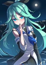 anime 1191x1684 anime anime girls kantai collection yamakaze kancolle long hair aqua hair blue eyes night moon アニメの毛 アニメの女の子 可愛いアニメガール