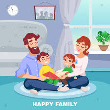 Happy Family In Home Interior Cartoon Poster With Mother Father Son And Daughter Reading Book Together Flat Vecto Family Cartoon Cartoon Posters Family Poster