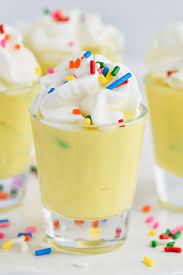 Take a baking sheet and lay out paper cups. Birthday Cake Pudding Shots Shake Drink Repeat