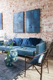 Modern Style Blue Sofas Also Arm Chair Among Under Rustic Living Room Interior With Brick Wall Dec Blue Living Room Brick Living Room Modern Rustic Living Room