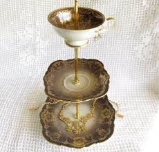 Black And Gold Jewelry Stand Smoky Black Gold 3 Tiered Jewelry Holder Display Stand Dessert Tray Pedestal Serving Dish With Vintage China Teacup By Jewelry Stand Amazing Jewelry