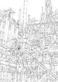 大銭湯と百の階段の街 線画 k kanehira のイラスト pixiv 環境スケッチ 建築設計図 建物 イラスト