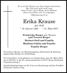 Den angaben nach starb erika krause bereits am 2. Traueranzeigen Von Erika Krause Ga Trauer De