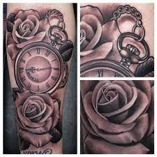 Pocket Watch And Roses Tattoo By Justin Burnout Watch Tattoos Rose Tattoos Pocket Watch Tattoo