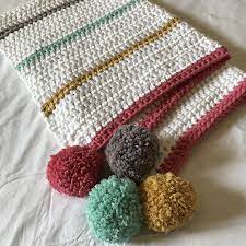 Double Crochet Baby Blanket In Chunky Cotton With Yummy Big Pom Poms Baby Blanket Crochet Double Crochet Baby Blanket Crochet Blanket