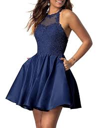 Naxy Juniors Halter Sleeveless Applique Beaded Short Homecoming Dresses With Pockets Homecoming Dresses Short Hoco Dresses Short Lace Dress