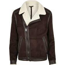 River Island Dark Brown Borg Lined Biker Jacket 110 Liked On Polyvore Featuring Men S Brown Jacket Men Brown Leather Coat Brown Leather Motorcycle Jacket