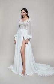 Crepe long sleeve wedding dress with beaded illusion back. Long Sleeve V Neckline A Line Wedding Dress With Slit Kleinfeld Bridal