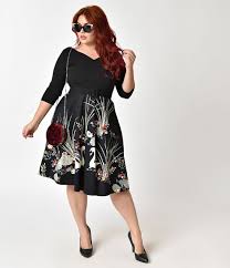 Plus Size 1950s Style Black Swan Scene Print Sleeved Swing Dress Sleeved Swing Dress White Vintage Dress Swing Dress