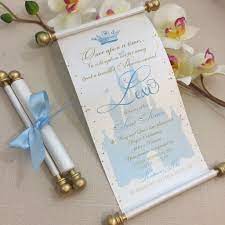Cinderella Inspired Birthday Scroll Invitation In Blue And Gold Cinderella Invitations Disney Wedding Invitations Quince Invitations