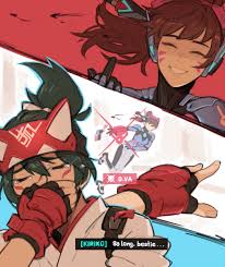 maiqo, d.va (overwatch), kiriko (overwatch), overwatch, overwatch 2,  highres, ..., 2girls, 2koma, artist name, blood, bodysuit, brown hair,  character name, closed eyes, comic, crying, death, english text, fingerless  gloves, gameplay mechanics, gloves,