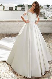 Axjfu princess white flower lace wedding dress ball gown vintage o neck illusion long sleeve party bride white wedding dress. Simple Satin Jewel Neckline A Line Wedding Dress With Lace Appliques 3d Flower Wedding Dress Necklines Jewel Neckline Wedding Dress Wedding Dress Long Sleeve