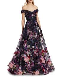 Shop Marchesa Notte Black 3d Floral Embroidered Tulle Gown