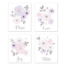 Watercolor styling adds delicate softness to the roses, which is offset by the crisp white background. Watercolor Floral Lavender Purple And Grey Collection Wall Art Prints Set Of 4