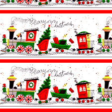 Colorful Fabrics Digitally Printed By Spoonflower Vintage Retro Merry Christmas Trains Railway Tracks Mistletoe Trees Coniferous Cones Snow Winter Presents Gi Retro Christmas Cards Christmas Train Christmas Fabric