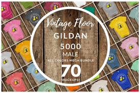 mens or unisex gildan 5000 t shirt mockup mega bundle all colors vintage wood floor backdrop rustic style guys flat lay free size chart