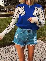 Blue Leopard Print Panel Long Sleeve Sweater Choies Com In 2020 Long Sleeve Sweater Long Sleeve Skater Dress Sweater Fashion