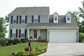 Burgundy Shutters And Door Grey Exterior House Colors Gray House Exterior Outdoor Remodel