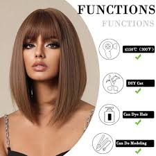 Amazon.com : Doremiy Bob Brown Wig with Bangs Natural Short Straight Wigs  for Women Shoulder Length Synthetic Wigs for Daily Cosplay : Beauty &  Personal Care