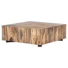 The rectangular table is made from solid mango wood and is supported by four hairpin legs with a gold finish for some retro vibes. Heidi Modern Classic Spalted Block Primavera Square Block Coffee Table 31 W 40 W Kathy Kuo Home