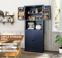 HLR 72" Kitchen Pantry with Shelves, Blue Freestanding Storage Cabinet with  Microwave Stand