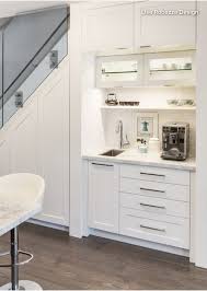 All White Bar Nook With Small Sink Drawers Coffee Station Subway Tile From Lisa Robazza Desi Kitchen Cabinet Remodel Kitchen Renovation Kitchen On A Budget