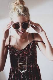 Learn how to care for blonde hairstyles and platinum color. Dress Hipster Vintage Girl Pattern Retro Glasses Red Blonde Hair Smile Necklace Black Hair Jewels Sunglasses Shades Girly Cute Wheretoget