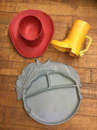 Vintage Child S Plastic Cowboy Dish Set 1950s Boot Cup Hat Bowl Divided Dish Red Cowboy Hat 1950s Boots Vintage Children