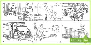 Coloring page outline of ambulance car near the hospital. The Hospital Aistear Colouring Sheets Teacher Made