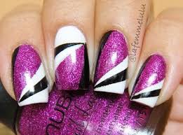 Black And White Striped Nails Black White Stripes Purple Shimmer Nails Best Nail Art Designs Purple Nails Nail Art Designs