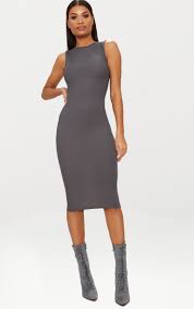 Basic Charcoal Grey Ribbed Neck Midi Dress In 2020 Ribbed Midi Dress Charcoal Grey Dress Scoop Neck Midi Dress