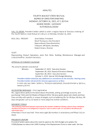 MINUTES FOURTH WALNUT CREEK MUTUAL BOARD OF DIRECTORS MEETING MONDAY,  OCTOBER 16, 2023, AT 1:30 P.M. BOARD ROOM