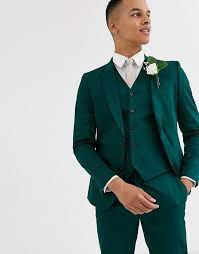 Asos Design Wedding Skinny Suit Jacket In Cotton In Forest Green Asos Skinny Suits Green Suit Jacket Designer Suits For Men