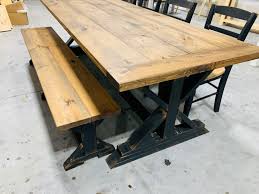 Dining table with chair and bench. Rustic 8ft Long Pedestal Farmhouse Table Bench And Chairs Provincial With Black Base Dining Set And Kitchen Table With Breadboards