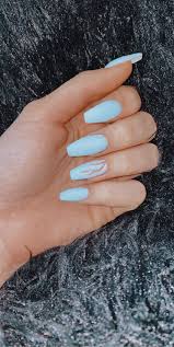 The blue shade used is one of our favorites because it is so vivid and bright. Flame Acrylic Nails Blue Acrylic Nails Acrylic Nails Light Blue Pastel Nails Designs