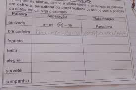 Solved: 13082024 ) separe as sílabas, circule a sílaba tônica e  classifique as palavras em oxíto [Others]