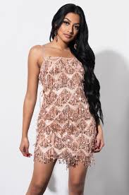 Front View Tell Me Who Sequin Fringe Mini Dress In Rose Gold Fringe Mini Dress Mini Dress Dresses