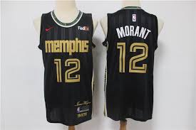 It has a black background with gold accents and vertical stripes inspired by his flair for fashion. Memphis Grizzlies 12 Ja Morant Black Golden City Edition Nike Nba Jersey Misterjersey Com