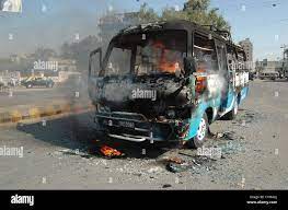 A view of burning bus that caught fire due to unknown reason at Shadman  Town area in Karachi on Wednesday, November 07, 2012 Stock Photo - Alamy