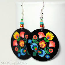 Folk Flowers Polish Folk Art Motif Earrings Round And Colorful Black Orange Blue Green Gift Under 25 Polish Folk Art Folk Art Flowers Folk Art