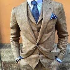 Men S Brown Plaid Three Piece Suit Light Blue Dress Shirt Blue Tie Blue Print Pocket Square Suits Gentleman Style Wedding Suits Men