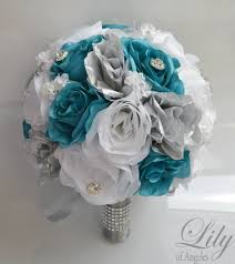 Teal and silver wedding bouquets. Wedding Bouquet Bridal Bouquet Bridesmaid Bouquet Silk Flower Bouquet Wedding Flower 17 Piece Package Teal Pool Spa Lily Of Angeles