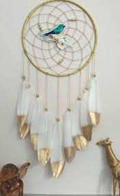 White Gold Boho Dream Catcher Wall Hanging Blue Bird Dreamcatcher Feather Dream Catcher Boho Dream Catcher Decor Feather Dream Catcher