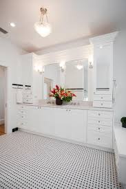 This Bathroom Remodel Features A Long White Vanity With Double Sinks Extra Cabinets And Separate Wal Countertops White Bathroom Cabinets Black Vanity Bathroom