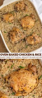 Oven Baked Chicken And Rice Is A Family Friendly And Healthy Easy One Pot Meal Made In The Oven With Jus Easy One Pot Meals Baked Chicken Recipes One Pot Meals